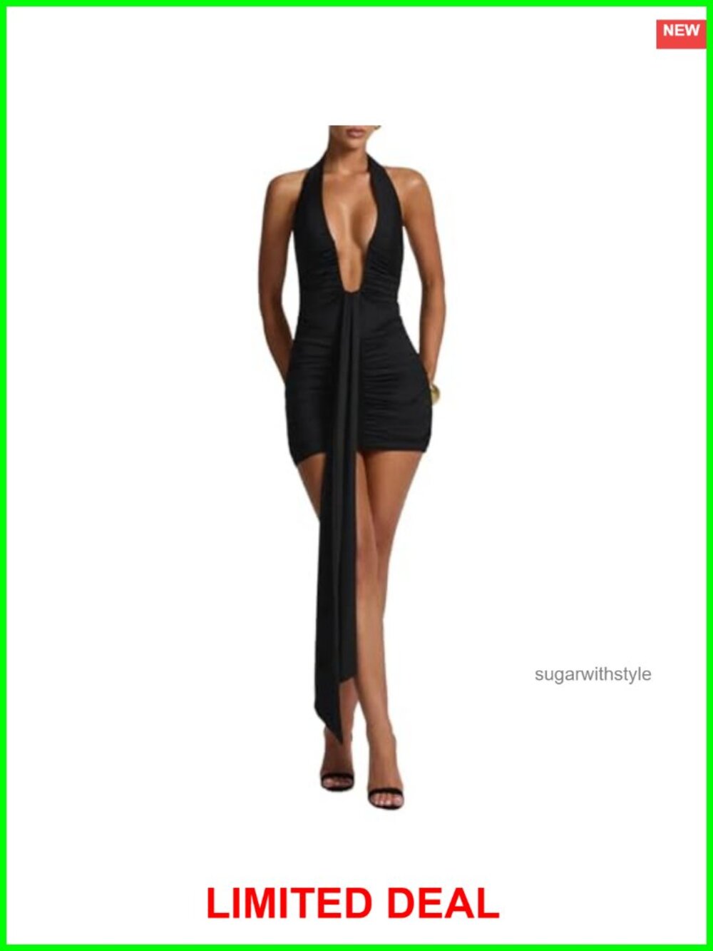 Women Deep V Neck Ruched Mini Dress Halter Backless Club Party Night Out